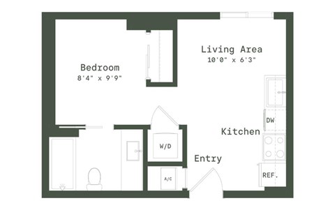 Floor plan for 1 bed, 1 bath, 403 sqft